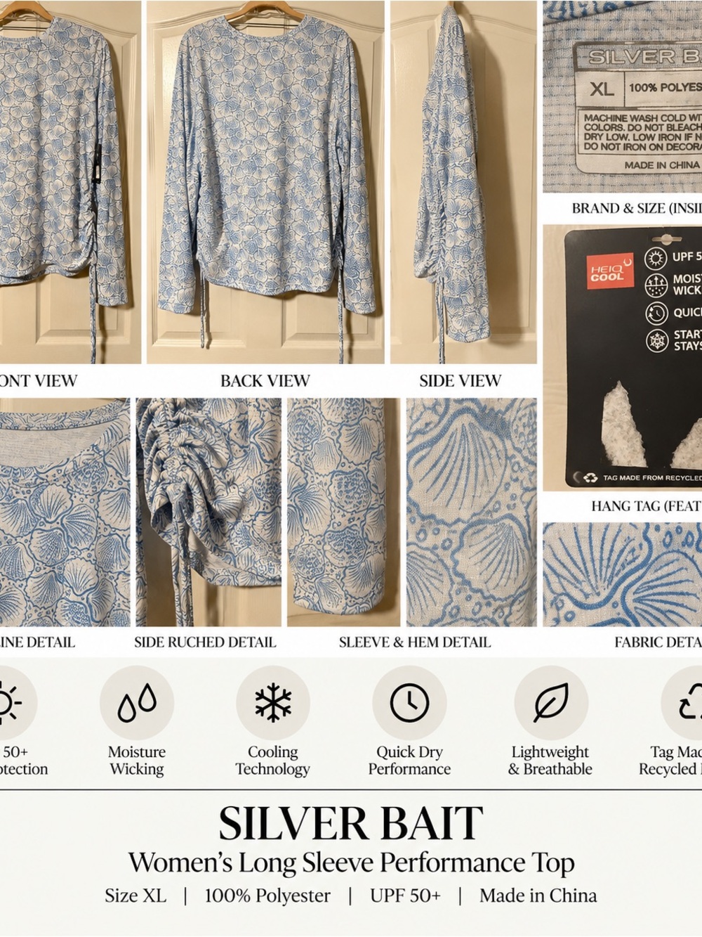 Silver Bait Light Blue Shell-Print Long Sleeve Performance Tee